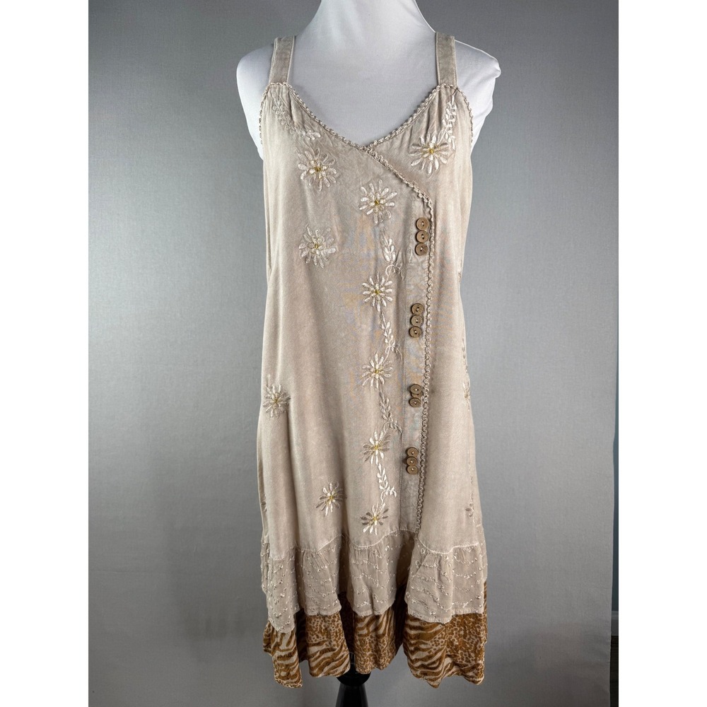 Raya Sun Dress Womens M Tan Embroidered Tiered Boho Neutral Artsy Hippie